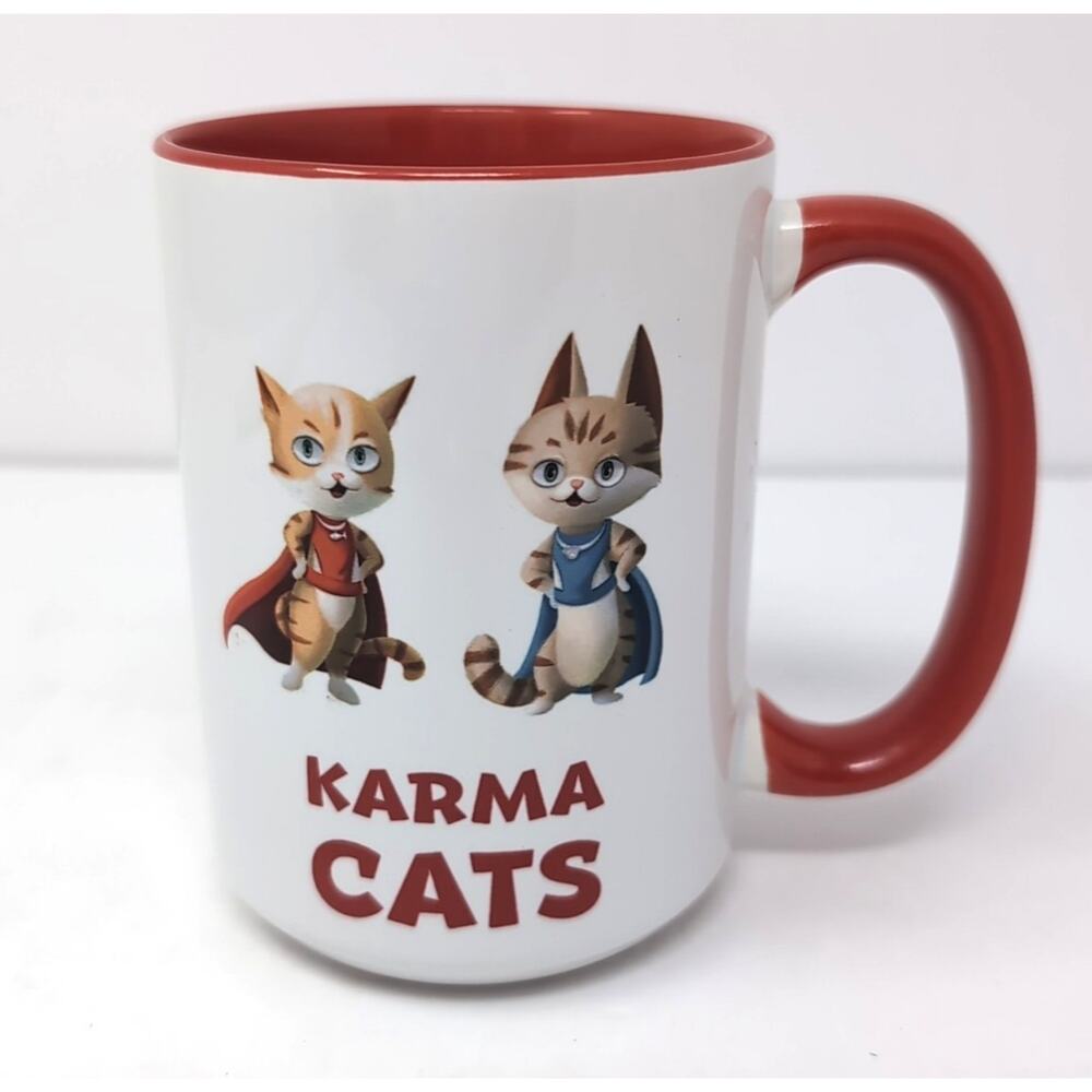 Karma Cats Coffee Cup Mug White Red Cat Lover‎ Super Hero NEW NWT